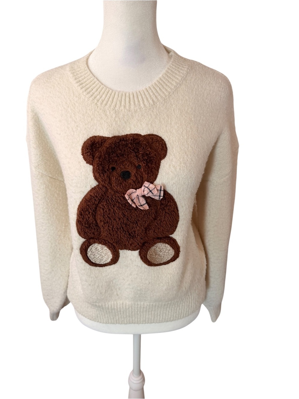 Threaded Leaf Cozy Cream Sweater with Brown Teddy Bear Applique